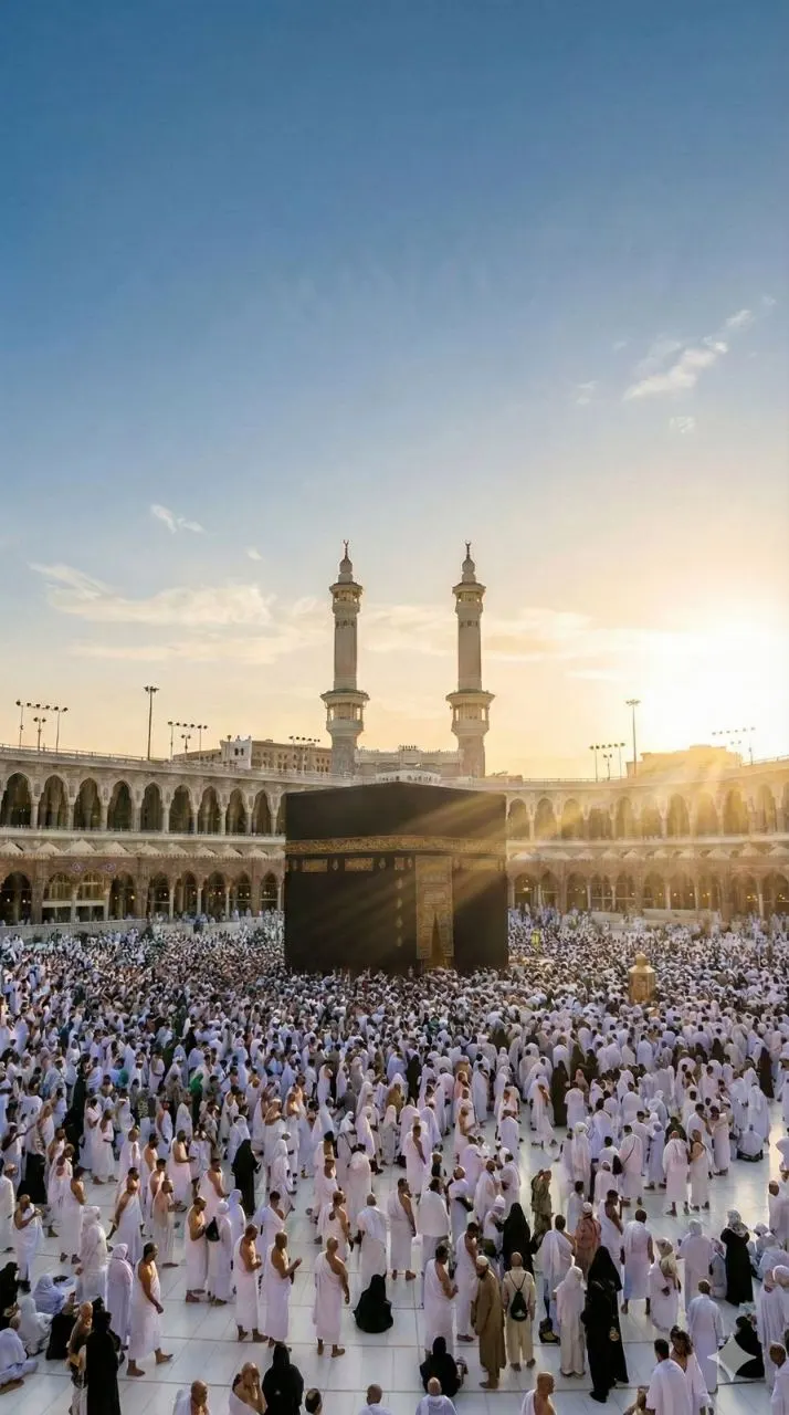 المعتمرون بلباس الإحرام حول الكعبة عند الشروق